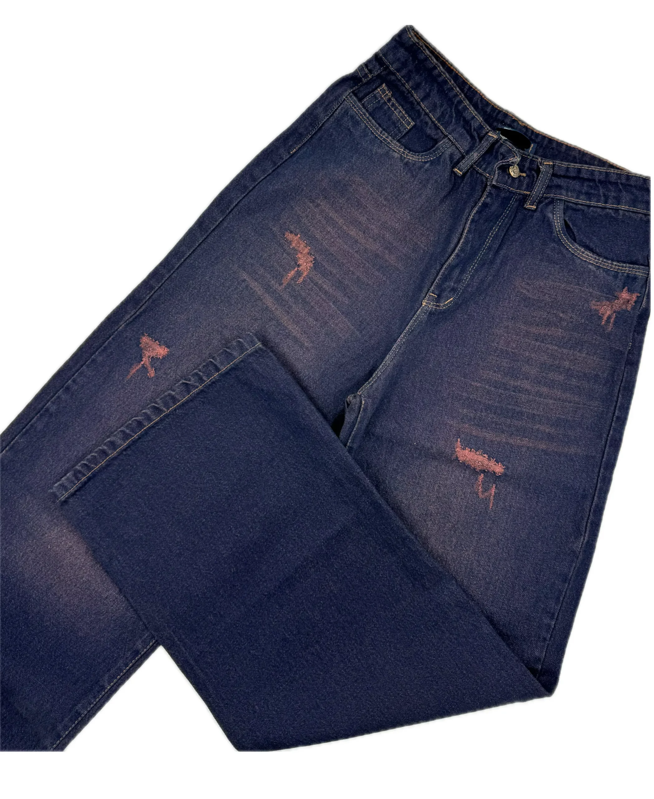 شلوار جین نیم بگ سورمه‌ای زنانه با سایه بنفش و سنگ‌شور