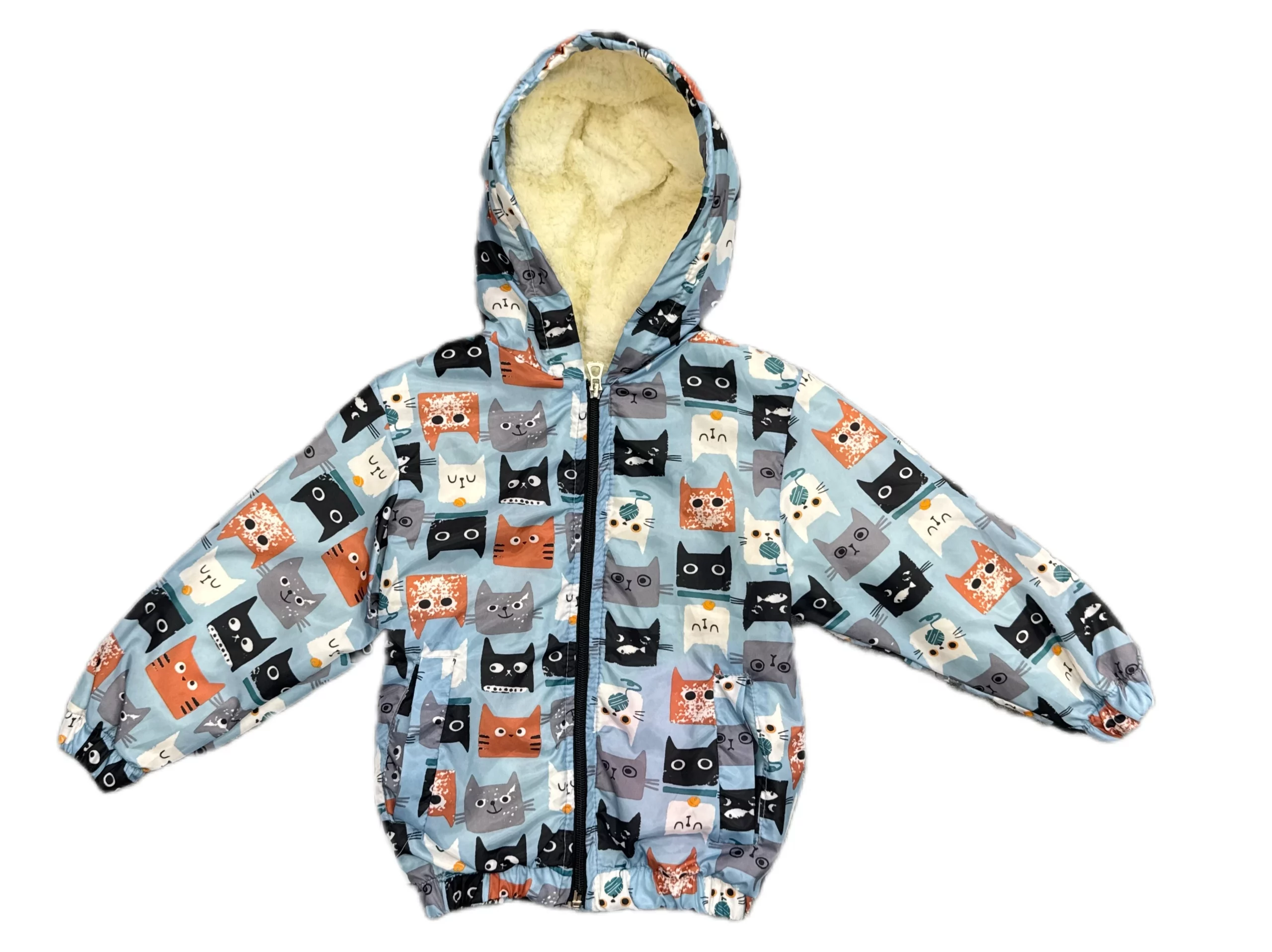 کاپشن بچگانه اسپرت خزدار آبی با طرح گربه‌ها