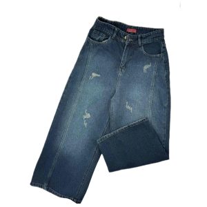 شلوار جين زنانه وايد آبي زاپ دار