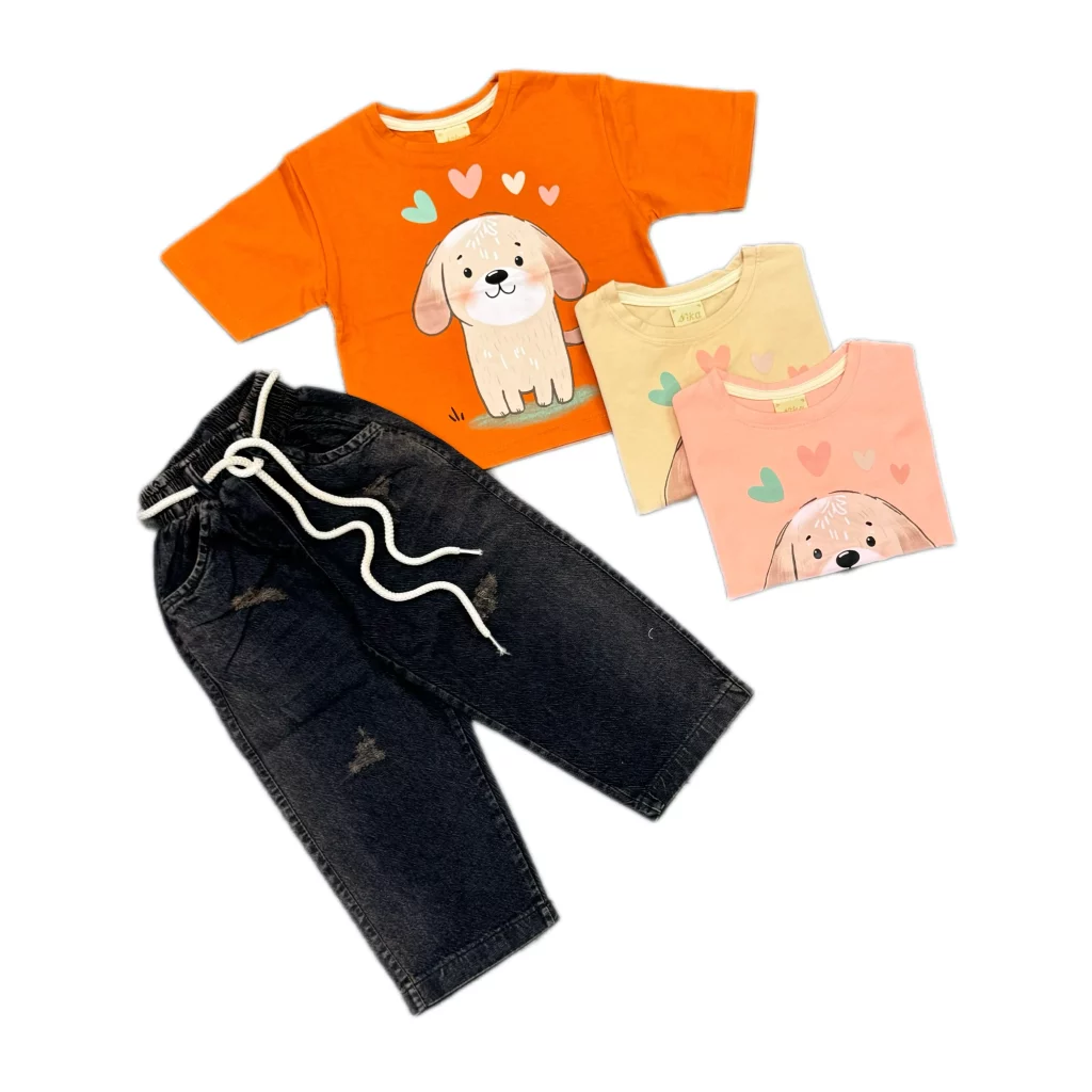 ست تیشرت و شلوار جین دخترانه طرح سگ