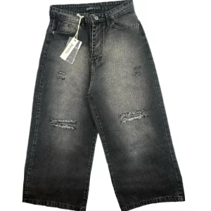 شلوار جين زنانه وايد زغالي زاپ دار